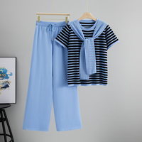 Ensemble pantalon et haut tricoté rayé décontracté à manches courtes, style européen et américain, nouvelle collection été 2026 pour femme