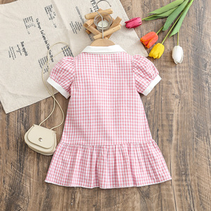 Vestito Estivo per Bambine in Cotone Morbido, Nuova Collezione, Elegante Abito a Collo Alto con Motivo a Quadri e Finiture in Pizzo - Product Image 3