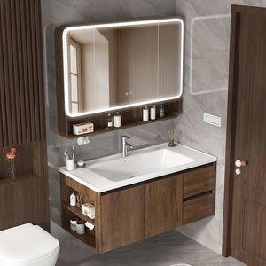 <b>Walnut</b> color drawer honeycomb bathroom <b>cabinet</b> basin combination ceramic integrated wash basin - Product Image 1