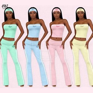 Conjunto de 2 piezas Y2K a rayas para mujer 2026, nuevo, con logo personalizado, top corto tipo tubo con diadema y pantalones de cintura alta para mujer, ideal para verano. - Product Image 1