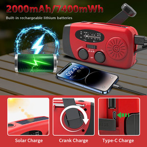 Radio météo d'urgence 2000mAh Li-ion solaire à manivelle AM/FM/SW/NOAA avec lampe torche, haut-parleur intégré et chargement USB en plastique - Product Image 5