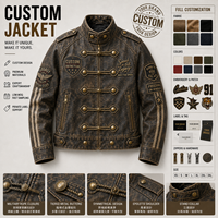 Blouson de motard en similicuir vieilli personnalisé, style Napoléon, avec multiples patchs brodés, col montant et boutons à bascule, manteau en cuir OEM