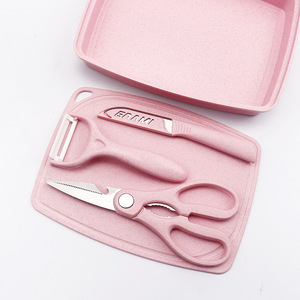 Erami Knife Set 5 Piece Pink Cutting Board With Peeler Scissors For Kitchen Use - Product Image 1