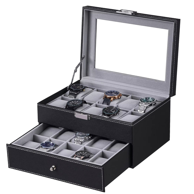 40-Slot Watch Organizer Case with Glass Lid 2 Layers Lockable Display Case Black Leather Gray-Watch Boxes & Cases