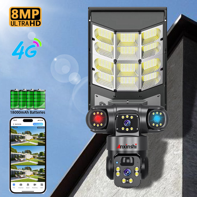 4G Solar Security Camera with Street Light 18000mAh Battery 7/24 Recording Wireless Solar PTZ Camera IP66 Waterproof