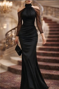 Women's Halter Neck Sexy Fashion Party Long Dress, New Elegant Tulle Off-Shoulder Long Sleeve Evening Gown - Product Image 4