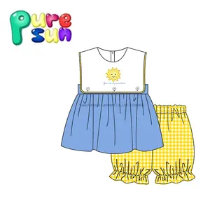 Set pakaian perempuan penjualan laris pemasok emas Anda adalah applique sinar matahari saya baju smocking Anak perempuan rajutan + seersucker anak perempuan 2 buah set