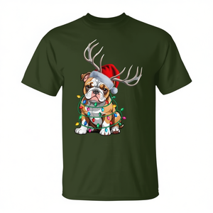 T-shirt Bouledogue américain avec lumières de Noël, chapeau du Père Noël et rennes - Product Image 2