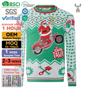 Nanteng изготовленный на заказ пуловер с круглым вырезом уродливый Санта-Клаус вышивка патч 100% хлопковый трикотаж производители мужской Рождественский свитер