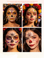 Autocollants de tatouage temporaire pour le visage, motif crâne en sucre, pour le maquillage du Jour des Morts, Halloween, les bals masqués et les fêtes
