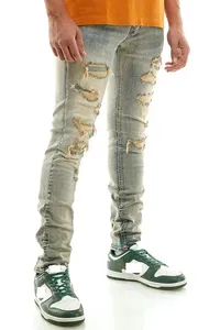 Biểu Tượng Tùy Chỉnh Người Đàn Ông Của Cổ Điển Thẳng Cắt Giữa Eo Denim Quần Hip Hop Rửa Đau Khổ Sửa Chữa Tách Xếp Chồng Lên Nhau Giản Dị In Phong Cách - Product Image 2