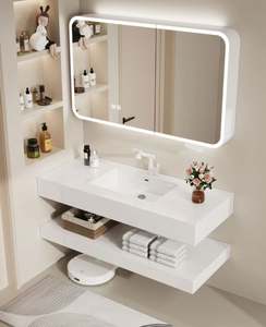 Vasque intégrée en pierre de style minimaliste moderne, série blanche haut de gamme, meuble-lavabo de salle de bain avec miroir intelligent extra large - Product Image 5