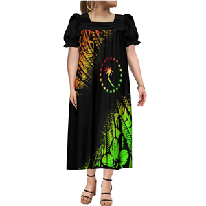 गर्म बिक्री माइक्रोनेशिया Mumu पोशाक Chuuk खिंचाव Mumus पोलेनीशियाई जनजातीय प्रिंट विंटेज वर्ग गर्दन कश आस्तीन ढीला मिडी कपड़े - Product Image 2