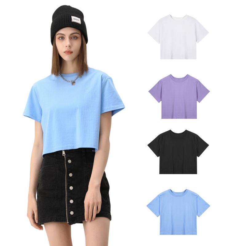 Women's 100% Cotton Knitted Cropped T-Shirts Custom Logo Summer Workout Yoga Crop Top Short Sleeve Solid Color Casual Athletic
