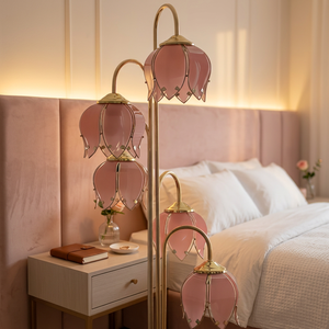 Lámpara de Pie de Lujo de 180 cm con 5 Cabezas de Tulipán Rosa, Marco de Metal Dorado, Pantalla de Vidrio Rosa, Lámpara de Pie de Estilo Vintage, Decoración Artística - Product Image 5