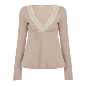 Camiseta de punto con cuello en V y encaje, estilo A, elegante y dulce, de manga larga, acampanada, informal, blusa Y2K para mujer - Product Image 6