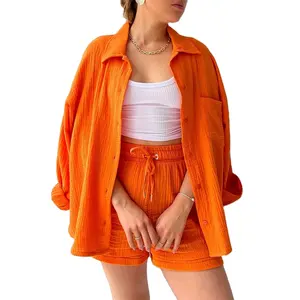 2023 Fall fashion long sleeve ruffle blouses and short pants 2 piece set for women loose two piece short and blouse set women