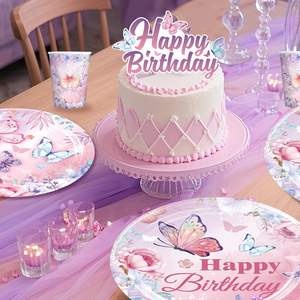 Decoración de <span class=keywords><strong>Cumpleaños</strong></span> con Mariposas, Incluye Platos y Servilletas con Diseño de Mariposas, Pancarta, Mantel Colgante, Decoración para Cupcakes, Globos y Decoración de Mesa - Product Image 5