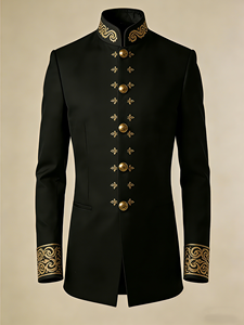 Blazer Masculino Preto com Gola Alta e Bordado Geométrico Dourado para Apresentações em Banquetes - Product Image 2