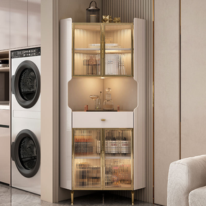 Vitrina Minimalista de Esquina para Vinos con Vidrio Estriado e Iluminación LED, Mueble <span class=keywords><strong>Bar</strong></span> Alto y Estrecho para el Hogar y la Entrada - Product Image 1