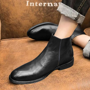 Men's <b>Brown</b> Leather <b>Boots</b> Round Toe Slip-On Office Career Dress Shoes Rubber Outsole All Seasons Solid Color Drop Shipping - Product Image 5