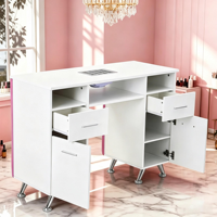 Table de manucure professionnelle en cuir véritable blanc, style INS, avec aspirateur intégré, repose-poignet et rangement multi-tiroirs, pour salon de beauté