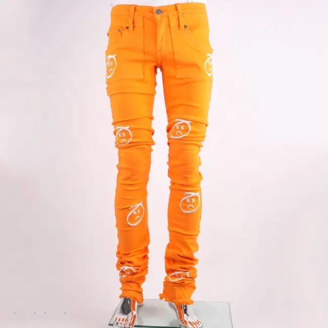 Mens Stacked Jeans Embroider Pantalon Fitted Trousers Custom Skinny Orange Fashion Denim Stack Jeans For Men