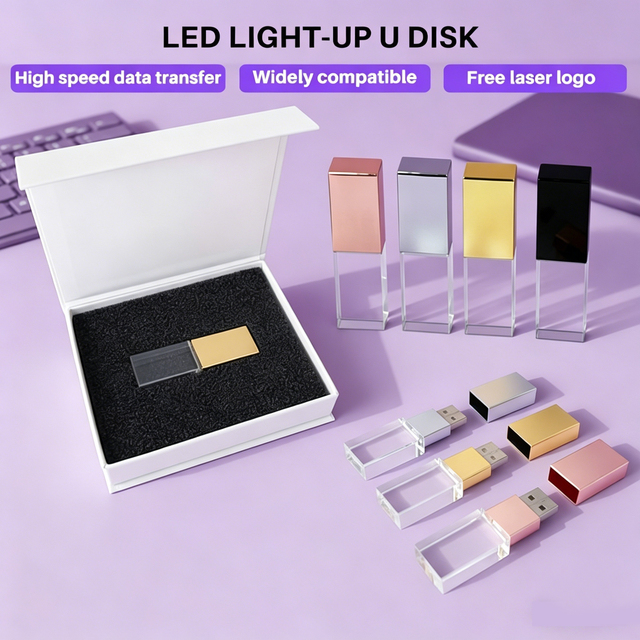 Customized LED Light up Glass Pen Drive 2.0 4G 8G 16G 32G 64GB Cle USB Pendrive Wedding Box Flash Memory USB Flash Drive