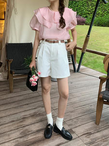 Shorts de lona informales de cintura alta para mujer, transpirables, ecológicos, con cremallera y cuentas, de Spandex/Poliéster, OEM - Product Image 4