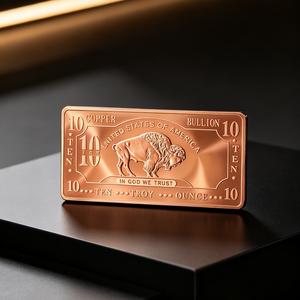 Lingot de cuivre rectangulaire gaufré .999 pur de 10 onces, motif buffle, pièce d'art métallique de collection - Product Image 1