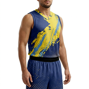 Maillot de basketball sublimé sans manches pour homme, col en V, anti-transpiration, débardeur athlétique bleu et jaune, motif peint à la main - Product Image 1