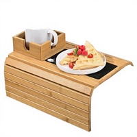 Plateau de canapé moderne à double niveau avec grand porte-gobelet, en bambou antidérapant et pliable, pour salon