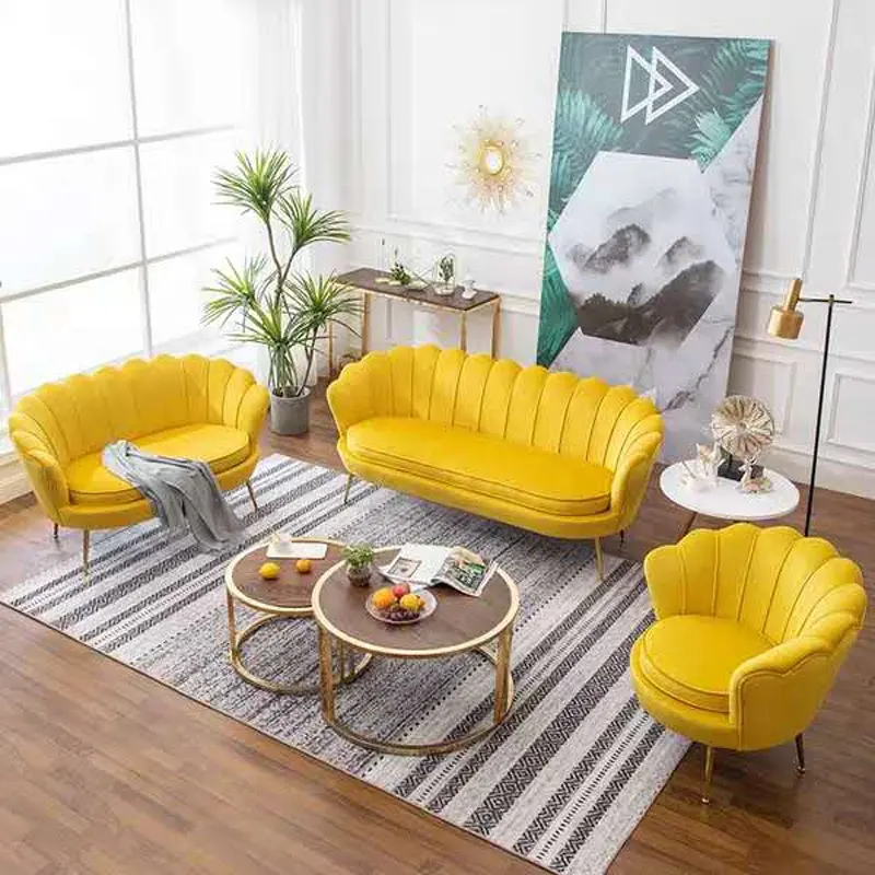 Moderno Nuevo diseño en forma de Flor Amarillo sofá de cuero con oro de acero inoxidable piernas conjunto de sofá de muebles de hotel