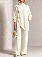 RO9112 Ensemble tricoté 2 pièces élégant pour femme, vêtements islamiques modestes, col roulé, manches longues, pantalon ample, tenue décontractée pour l'Aïd et le bureau