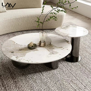 Set di Tavolini da Caffè Moderni di Lusso con Struttura in Metallo e Piano in Ardesia, Tavolino Rotondo Dorato per Hotel e Soggiorno - Product Image 5