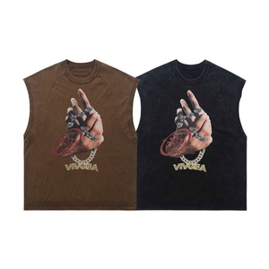 T-shirt vintage nera lavata senza maniche 100% cotone da <span class=keywords><strong>uomo</strong></span>, canotta hip hop con stampa grafica, streetwear oversize - Product Image 3