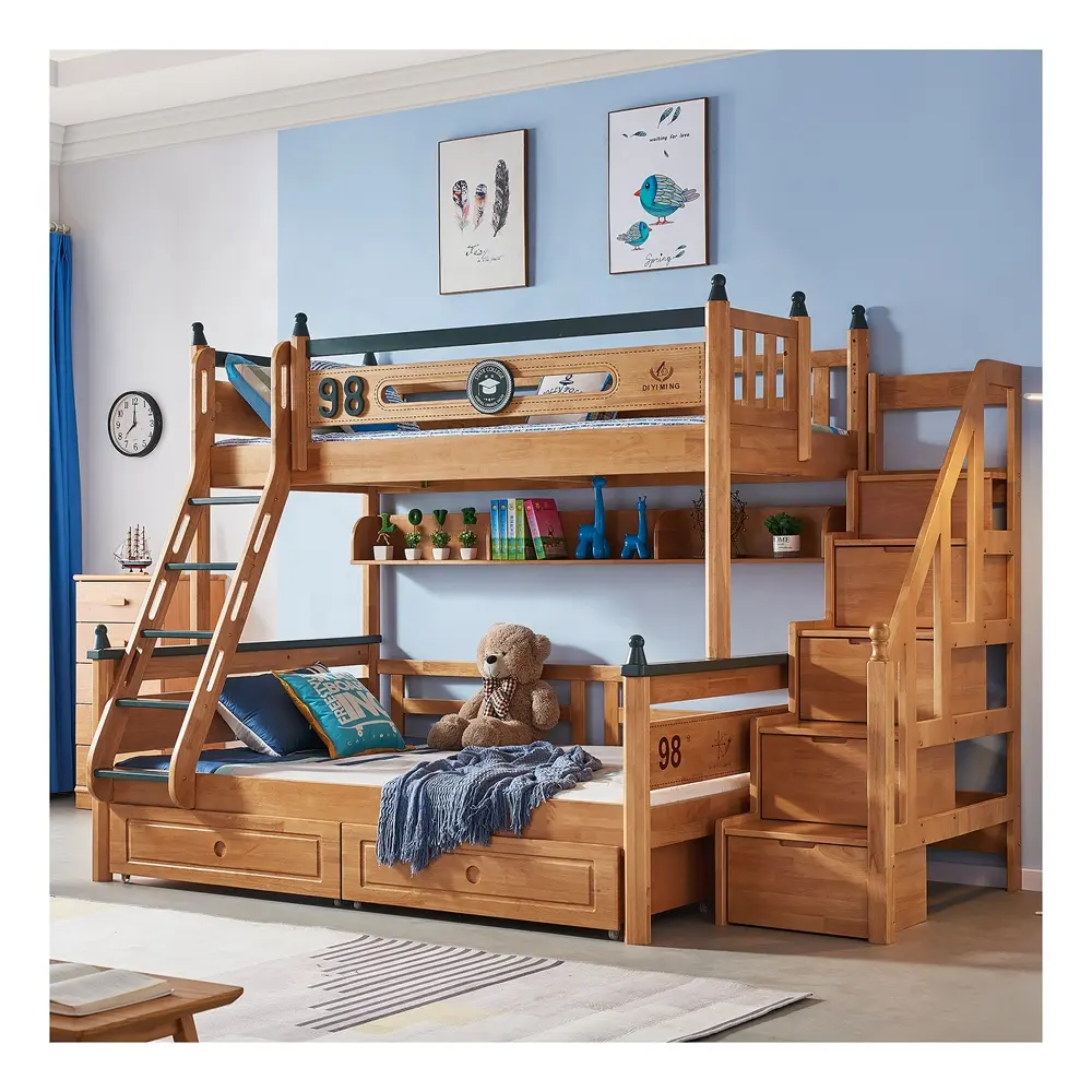 Kids bedroom furniture Solid Wood boy child bunk bed with slide and stair modern luxury tree house kids bunk bed for children