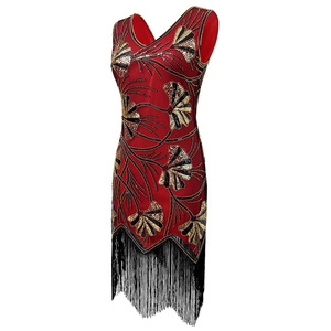 Robe de soirée vintage sans manches à col en V, à sequins et à franges, style fourreau, rouge, verte, noire, tailles S à 4XL, en satin - Product Image 4