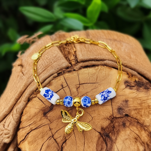 Fine Charm <b>Bracelet</b> 316L Stainless Steel PVD <b>Gold</b> Plating Bee Pendant Blue Floral <b>Beads</b> - Product Image 3
