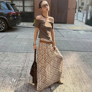 กระโปรงแม็กซี่ลายสก็อตสไตล์เรโทรสำหรับผู้หญิง เอวต่ำ แต่งสีตัดกัน ผ้าซีทรู หลายชั้น พลิ้วไหว ยาว เหมาะสำหรับแฟชั่นฤดูร้อน - Product Image 2