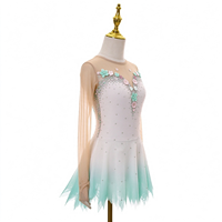 Robe de patinage artistique pour enfants et adultes, dégradé blanc et vert menthe, maille à manches longues, dos orné de fleurs en strass, pour compétition et spectacle