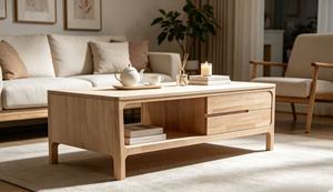 Table basse de rangement solide de qualité supérieure avec tiroirs et étagère ouverte, table centrale minimaliste de style nordique pour salon - Product Image 2