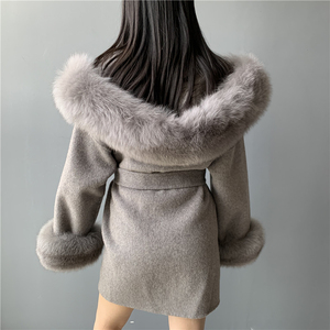 Custom Fuzzy Fur <strong>Hood</strong> Double Faced Woolen <strong>Coat</strong> Belt Soft Winter Fluffy Big Real Fox Fur Collar Cuffs Luxury <strong>Wool</strong> <strong>Coat</strong> for Women - Product Image 6