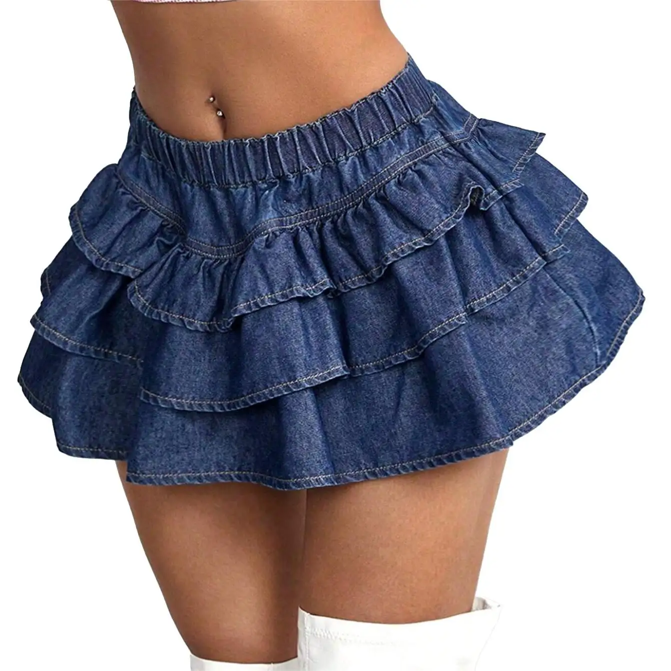Factory customized summer y2k sexy mini skirt denim ruffle solid color casual women's layered skirt new skirt