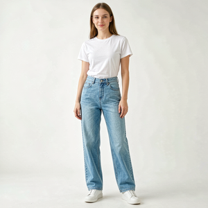 Jeans de Mezclilla Rectos de Cintura Alta con Lavado a la Piedra para Mujer, Pantalones Casuales de Algodón Azul de Longitud Completa, Tejido Transpirable, Estilo Primavera - Product Image 1