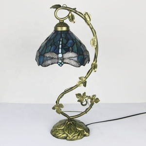 LongHuiJing 8Inch Tiffany Mediterranean Stained Glass Desk <b>Lamp</b> Metal Leaf Thin <b>Base</b> LED AC E26 2700K Soft Warm - Product Image 2