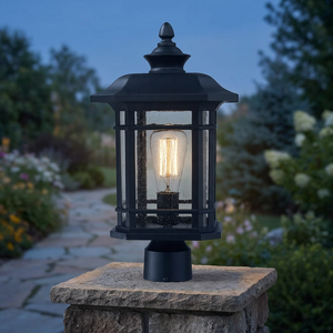 BS-002A Inno Casa Electric Outdoor IP44 Garden <b>Post</b> <b>Light</b> Black 60W 110-240V ETL Listed Aluminum Body Seeded Glass Shade - Product Image 3
