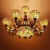 Lustre LED multi-têtes de style européen pour vitraux, design fleur de rose ovale, commande tactile, pour salle à manger et chambre à coucher