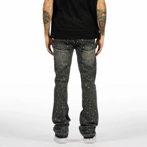 Jeans de Fabricante Personalizados, Mezclilla Negra, Corte Slim Recto, Decoración con Pedrería, Efecto Salpicado de Pintura, Dobladillo Desgastado, Estilo Urbano para Hombre - Product Image 3