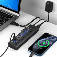Hub USB 3.0 10 ports alimenté avec interrupteurs individuels, indicateur LED, en aluminium, pour ordinateur portable, PC, ordinateur de bureau